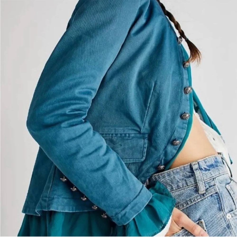 Free People Ruffles Romance Jacket in Teal Jewel - Picture 6 of 9